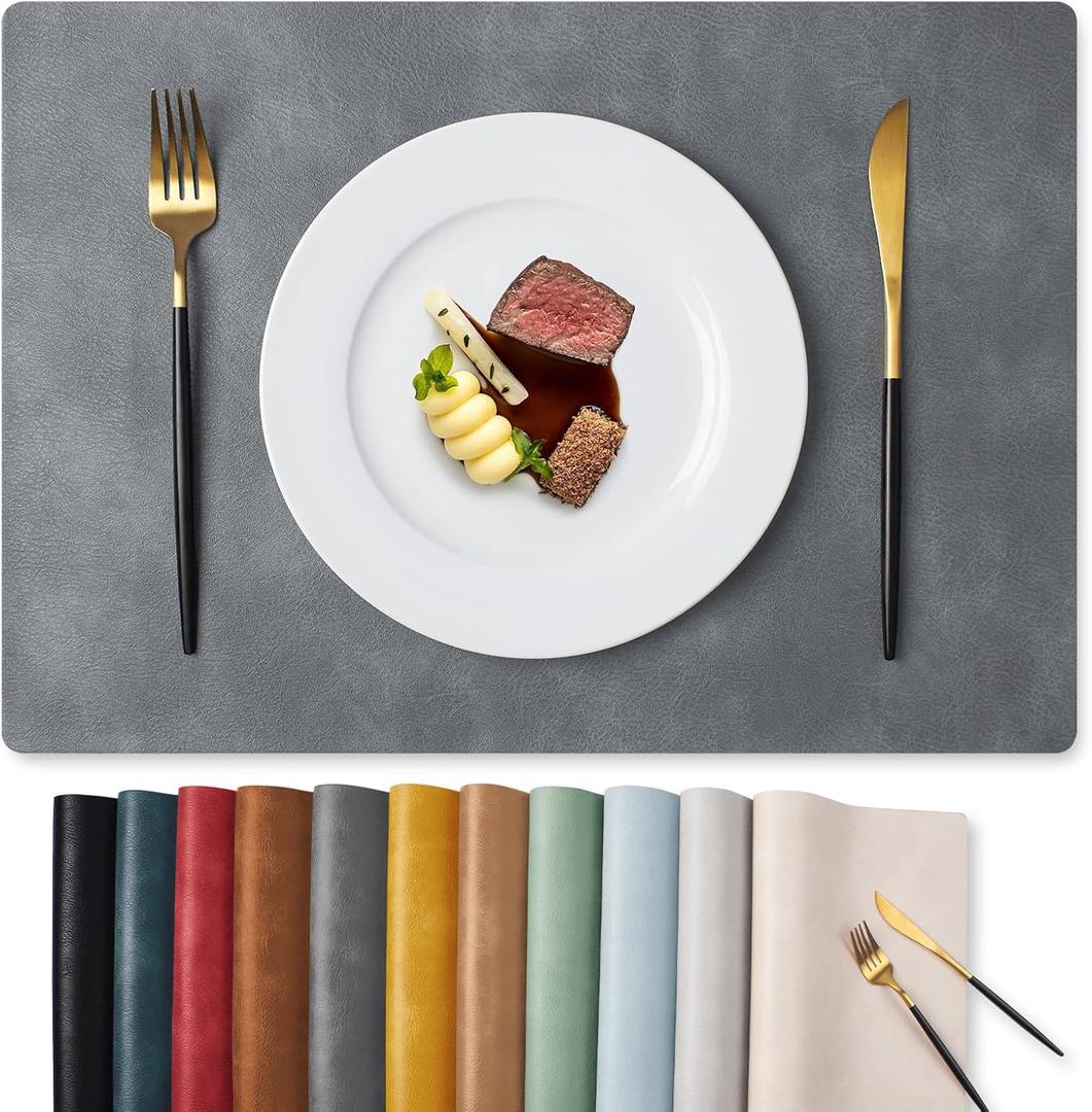 MOSAYT Vinyl Placemats Set of 8-12 X 17 Inch - Faux Leather 100% Waterproof Oil-Proof Wipeable PU Place Mats, Heat Resistant Reversible Table Mats for Kitchen, Dining, Outdoor (Grey) (Gray)