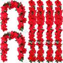 Crowye 6 Pcs Christmas Poinsettia Garland with Holly Leaves Artificial Poinsettia Flower Vines Xmas Rattan Ornament for Mantle Fireplace Table Indoor Outdoor Garland Christmas Decor