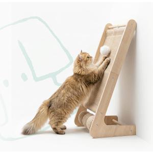 Cat Scratcher for Indoor Cats, L-Shaped Cat Scratching Board & Ramp, Solid Wood Cat Scratch Pad, with Hanging Ball & 3 Bottom Play Balls, Ideal for All Cats (Wood Grain, L)