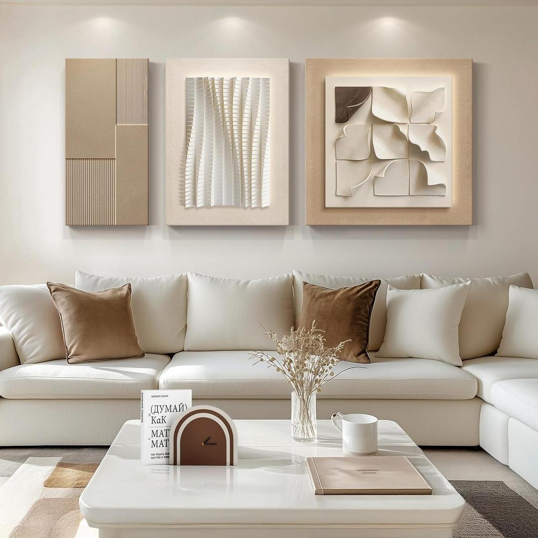 Large 3D Textured Wall Art for Living Room, 3 Pieces Abstract Sandstone Painting Prints Artwork, Modern Canvas Painting Prints for Dining Room Bedroom Behind Couch Wall Decor - Total 24" x 52"