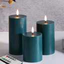 Green Flameless Pillar Candles with Remote, Flickering Spring LED Wax Candles Battery Operated Set of 3