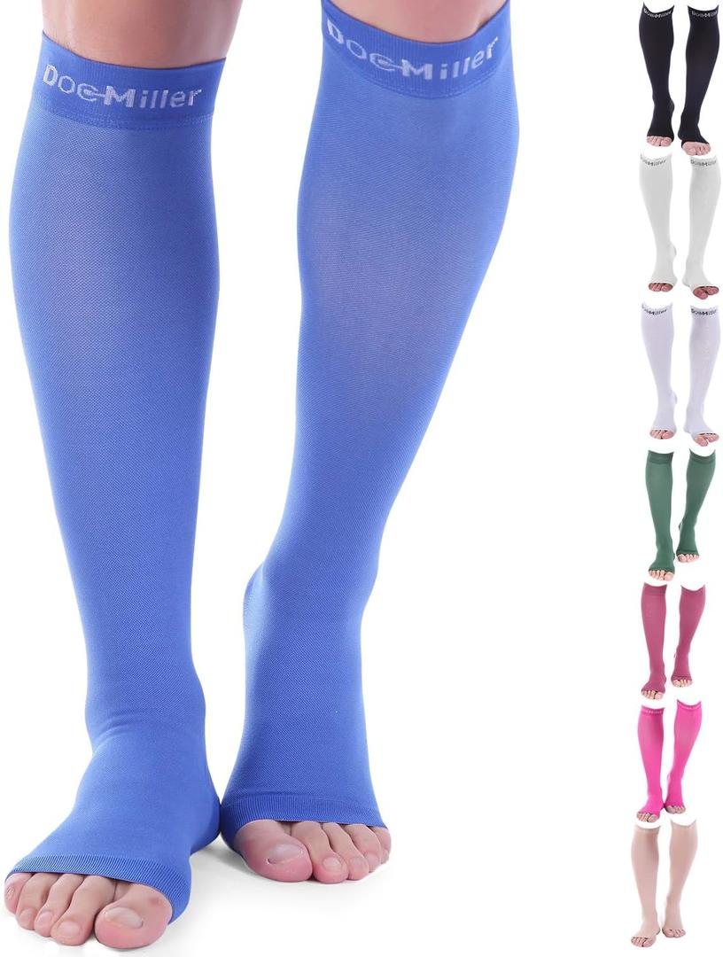 Doc Miller Open Toe Compression Socks for Men & Women, 30-40 mmHg Knee High Support, Toeless Design for Daily Leg Comfort, Breathable Nylon Spandex, 1 Pair M, Blue 