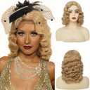 Blonde Finger Wave Wigs for Women 1920s Vintage Medium Length Side Part Natural Hair Wig Synthetic Heat Resistant Wig for Daily Halloween Party