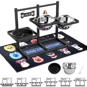 Elevated Dog Bowl Stand for Medium/Large Dogs with Slow Feeder & Mat, Adjustable Height 3.9'',5.5'',7.1'',8.7'',10.2'',11.8'', 58oz Raised Triple Dog Food Water Bowls (Black&Blue&Red)