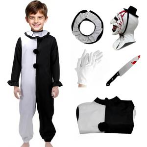 Terrifying Art Clown Costume Kids Horror Killer Clown Costume with Mask Scary Halloween Cosplay Outfits (Medium130)