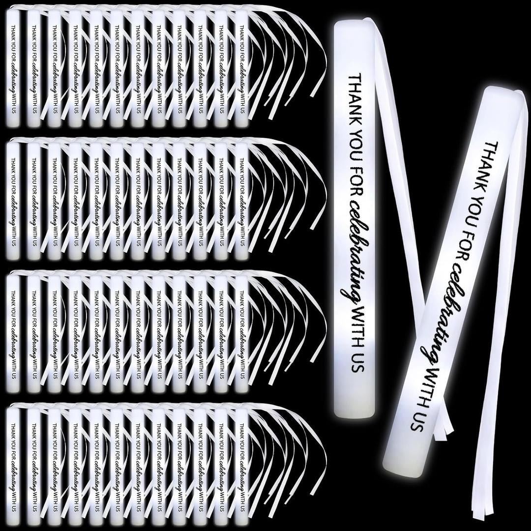 JellyArch 50 Pack Wedding Glow Sticks for Reception LED Foam Light up Sticks with Ribbon Light Stick Bulk with White Flashing for Wedding Send Off Party Favors, Dance Floor, Birthday