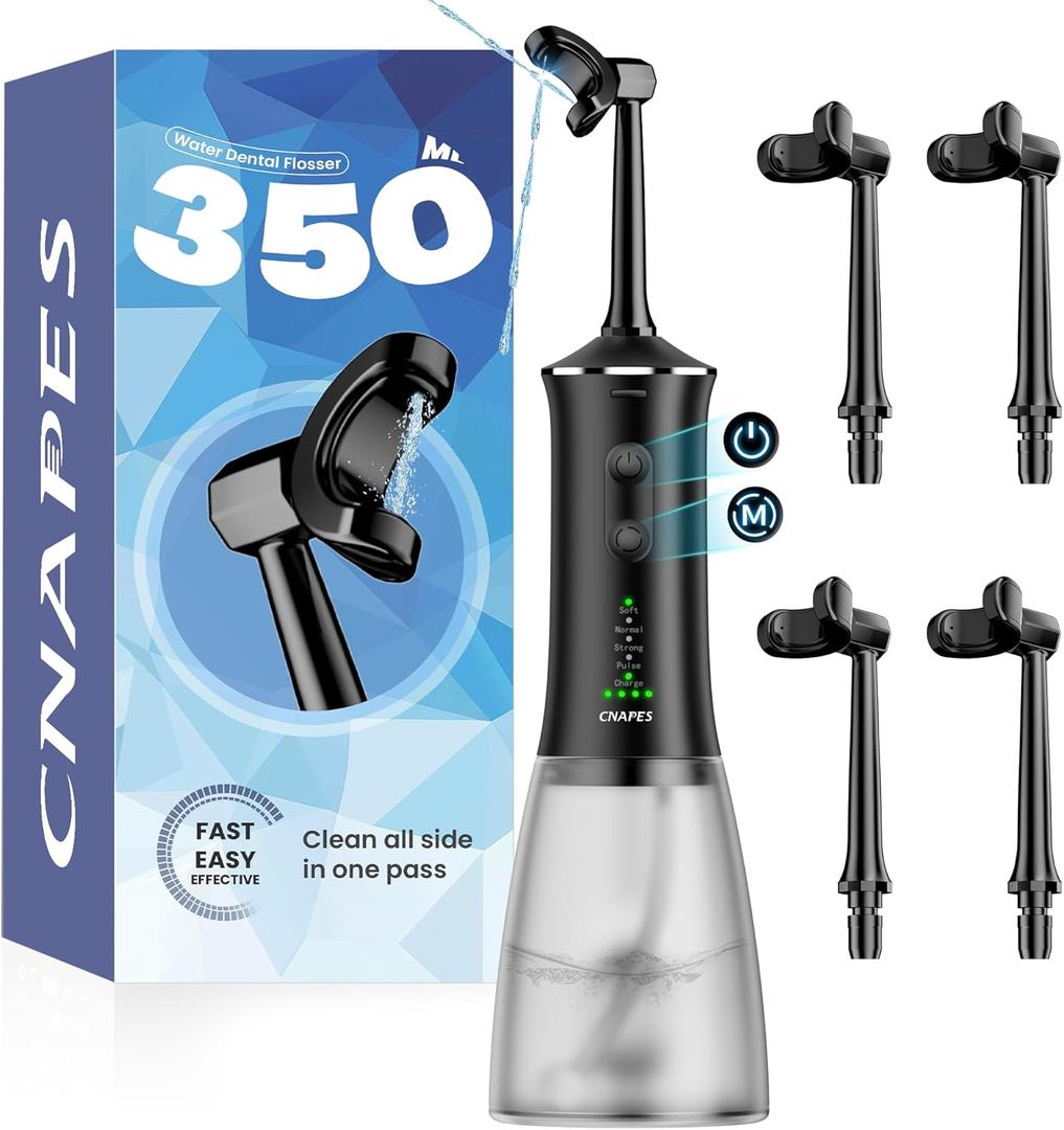 Cordless Water Flosser for Teeth- 350ML & Portable Large Water Tank, Rechargeable Dental Flosser with 4 U-Shaped Flossing Head, 360 Deep Cleaning & 4 Pressure Modes,Long Battery for Home and Travel