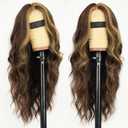AISI HAIR Chocolate Brown with Caramel Highlights Wig for Women, Long Wavy Lace Hairline Middle Part Synthetic Heat Resistant Wig for Daily Party-26 Inch