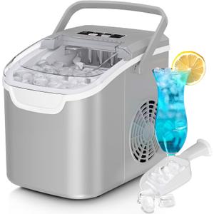 Countertop Ice Maker Machine, 8 Ice Cubes in 6 mins, 26lb/Day Bullet Ice with 2 Sizes- Portable Mini, Energy Saving & Basket/Scoop for Home/Party/Travel/Camping/Bar, Grey