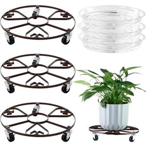 3-Pack 13" Metal Rolling Plant Stand With Wheels for Indoor Outdoor, Heavy Duty Caddy, Iron Dolly With Metal Casters, Heart Style Roller With Clear Saucers, Brown