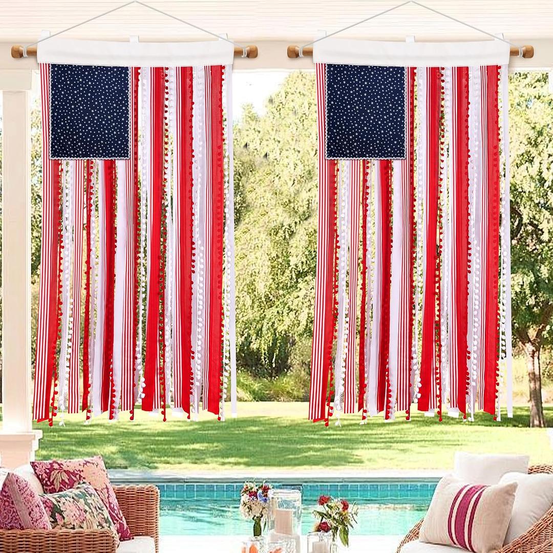 Deloky 2 Pcs 4th of July Rag American Flag Banner, 4 x 2.3 Ft Vintage Patriotic USA Flag Banner, Independence Day Retro American Flags Bunting for Outdoor Garden Yard Home Party Decoration