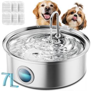 oneisall Dog Water Fountain for Large Dogs, 7L/ 230oz/ 1.8G Stainless Steel Dog Fountain Super Quiet with Triple Filtration, Great for Large Dogs (PWF002 Dog Fountain +7 Sets Filters)