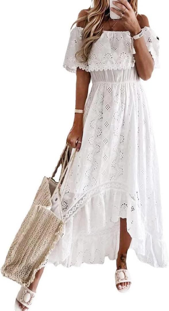 ABOCIW Women's Boho Maxi Dress Lace Up Tassel V-Neck Flare Ruffle Fringed Beach Summer Dresses (XX-Large, White -Off Shoulder)