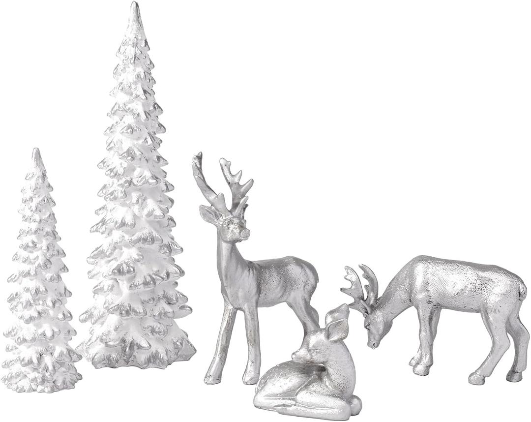 DN DECONATION Christmas Decoration Reindeer and Tree Figurines  Xmas Reindeer with White & Silver Tree Statues Decor  Resin Christmas Village for Winter Table Mantle Decor Set of 5