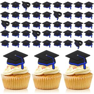 Chunful 48 Pieces Graduation Cap Cupcake Rings Grad Cake Toppers Congrats Grad Cap Cupcake Supplies for Graduation Theme Party Cake Decoration (Blue)