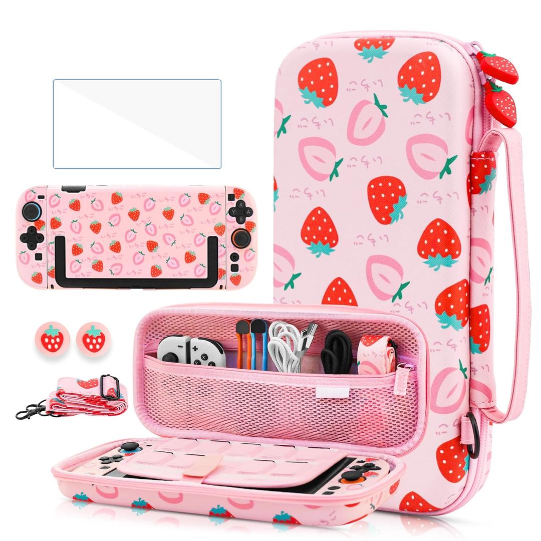 GLDRAM Pink Strawberry Carrying Case for Nintendo Switch 2 (2025), Cute Girly Accessories Bundle with Travel Storage Bag, Hard Shell PC Protective Cover, Screen Protector, Thumb Grips & Shoulder Strap