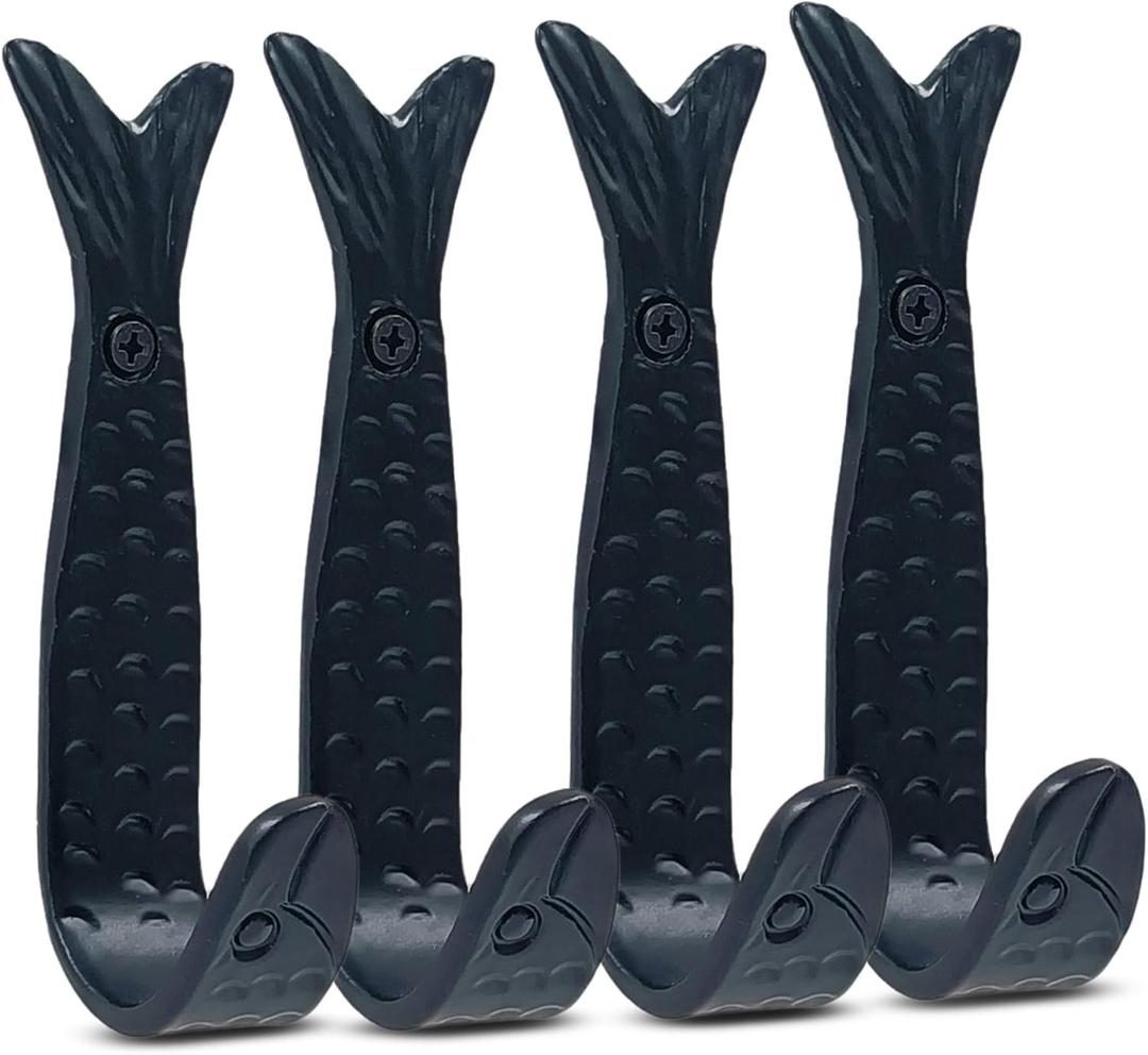 THDC Pack of 4 Fish Tail HANDFORGED Rustic Wrought Iron Hooks Vintage Old Country Iron Hanging Hooks Cottage Kitchen Hand Forged