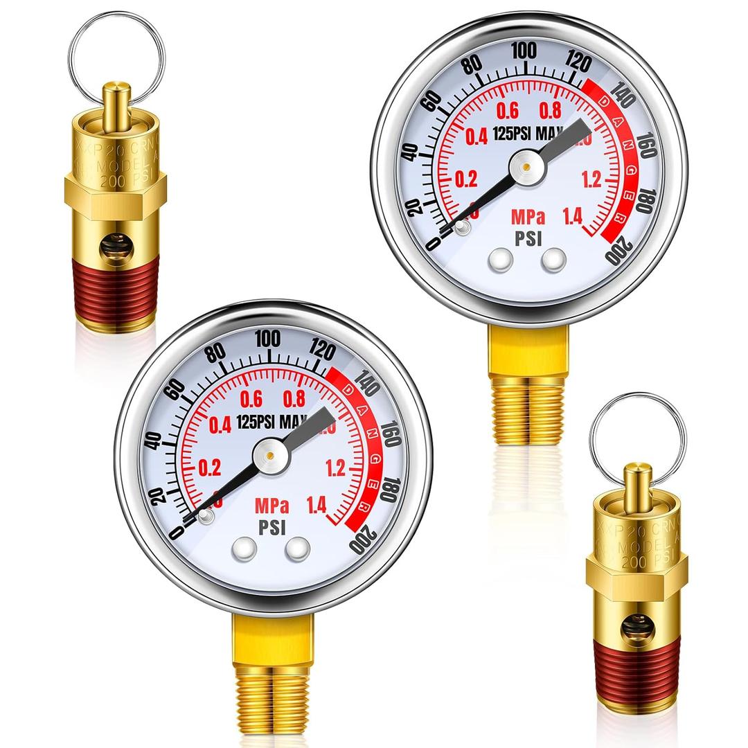 Therwen 4 Pcs Air Compressor Parts Replacement and Air Gauge Set, 1/4" Npt Relief Pressure Safety Valve 0-125 Psi Pressure Gauge for Tank Accessory(200 PSI)