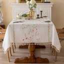 Joyfol Day Linen Spring Flowers Tablecloth with Tassels, Rustic Farmhouse Embroidery Waterproof Table Cloths for Rectangle Tables, Heavy Weight Spill-Proof Table Covers, Pink Florals, 55''x 102''