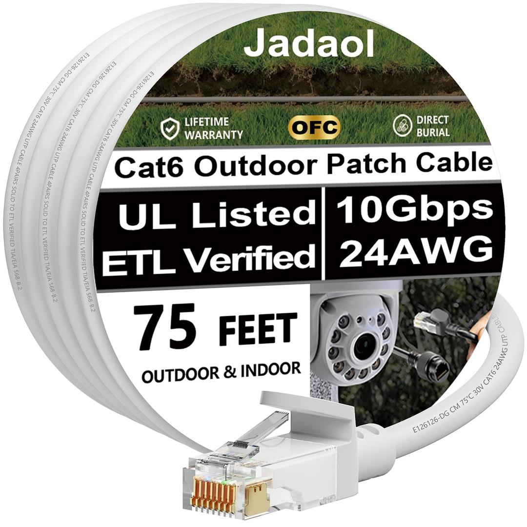 Cat 6 Outdoor Ethernet Cable 75 ft (22.86m), Support Cat8/7 Network, 10Gbps 550MHz, 24AWG Pure Copper, Direct Burial Waterproof In-Ground UV Resistant LAN Patch Cable for Router, Modem, Switch, White