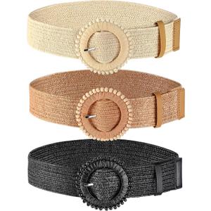 WILLBOND 3 Pcs Women Straw Stretch Belt Elastic Rattan Belts Straw Boho Raffia Belts for Ladies Woven Waist Belt for Dresses, Size: Medium