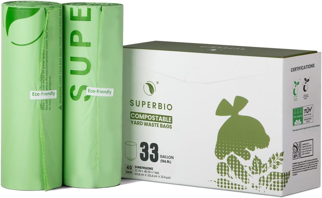 SUPERBIO 33 Gallon Compostable Yard Waste Bags, Lawn & Leaf Bags, 40 Count, ASTM D6400, BPI and OK compost INDUSTRIAL