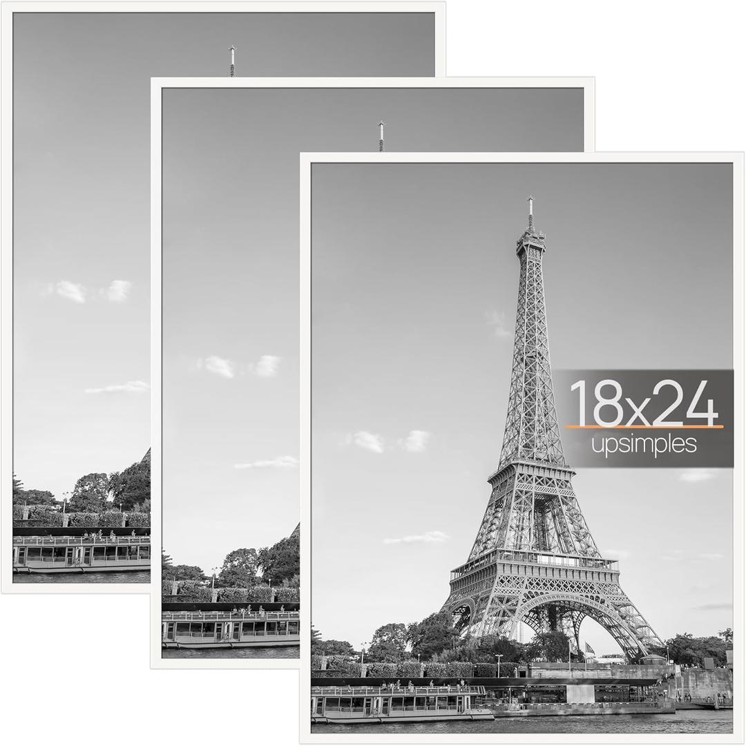 upsimples 18x24 Picture Frame White 3 Pack, Scratch-Proof Poster Frames 18 x 24 for Photo Gallery - Slide-In Strips, Horizontal or Vertical Wall Mounting