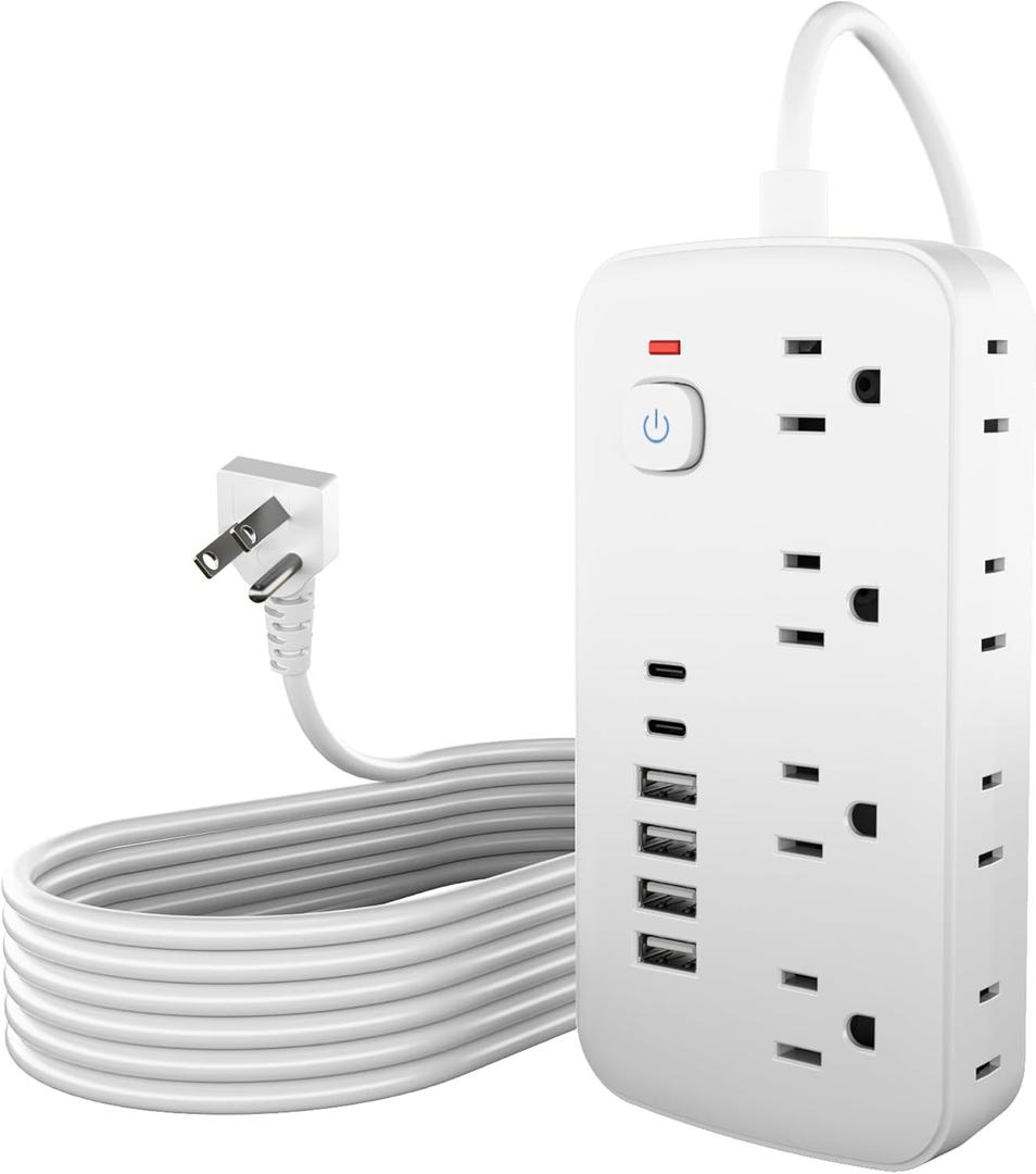 Surge Protector Power Strip - 8 AC Outlets & 6 USB Ports (4A/2C), 1080J Extension Cord with Multiple Outlets, 2-Sided Outlet Extender, 5FT Extension Cord, Wall Mount for Travel, Dorm Room (White)