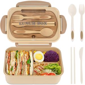 Bento Box for Adults, 1200 ML Lunch Containers, Leak-Proof Lunch Box with Utensils, BPA Free, 3 Compartment Bento Box, Microwave Safe, Khaki