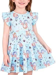 BliBliTaTa Girls' Casual Dress, Soft Comfort Cotton Tagless Kids Short Sleeve, Breathable Tiered Ruffle Swing A-Line Midi Teen Sundress Mermaid Shell Blue-8-9y
