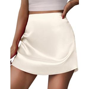 Zeagoo Womens Mini Skirts Elastic High Waisted Skirts Stain A-Line Zipper Party Club Skirt 2025 (Beige)