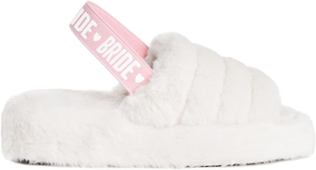 xo, Fetti Bride Strap Slippers, White Fur, Bachelorette Party Decorations, Wedding Day Sandals, Bridesmaid Gift, Bridal Shower Party Favor (Medium-Large)
