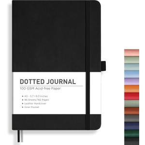 RETTACY Bullet Dotted Journal Notebook, 192 Pages, A5 Medium Size (5.7'' x 8.3''), Leather Hardcover, 100 GSM Thick Paper, for Bullet Journaling, Planning, Tracking (Black)