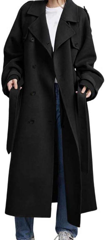 chouyatou Women's Winter Double Breasted Wool Coat Long Sleeve Notch Lapel Midi Long Winter Trench Coat with Belt L