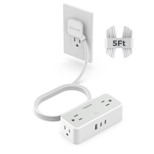 TESSAN Flat Plug Extension Cord 5 FT, Surge Protector Power Strip with 4 AC Outlets 2 USB C and 1 USB A Ports, 900 Joules Protection, Multiple Wall Outlet Extender Suitable for Office Dorm, Grey