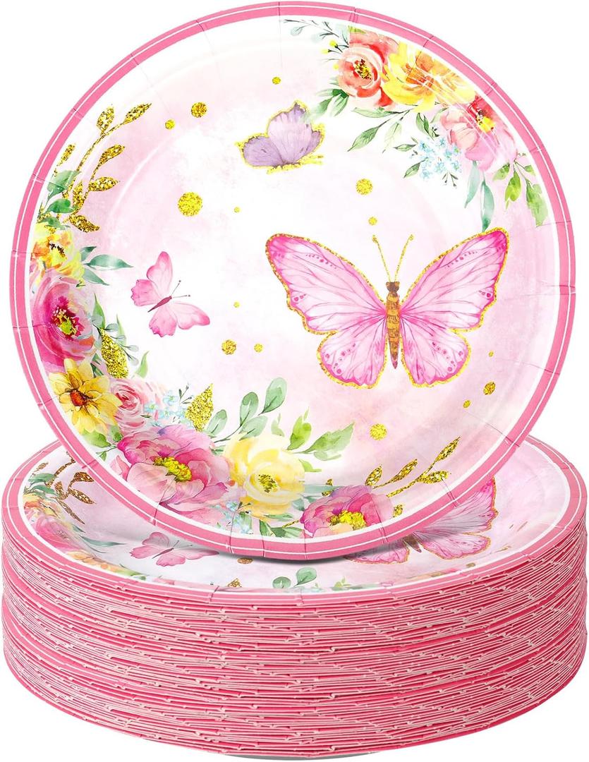 Zopeal 60 Pieces Spring Butterfly Paper Plates Bulk 9 Inch Floral Pink Flower Disposable Dessert Cake Plates Decorative for Girls Butterfly Themed Wedding Baby Shower Birthday Tea Party Supplies