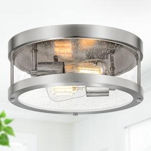 2-Light Flush Mount Ceiling Light Fixture, Farmhouse Light Fixture with Seeded Glass Lampshade, Brushed Nickel Close to Ceiling Lighting for Kitchen, Hallway, Foyer, Entryway(Bulb Not Included)