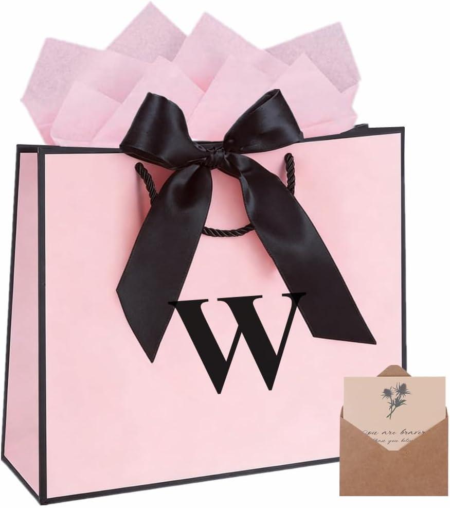 Topaliving Personalized Gift Bag with Card and Tissue Paper, 26 Letters Birthday Gift Bag 13'' Custom Valentines Weddings Present with Initials/Numbers for Women Men Kids(Pink,W)