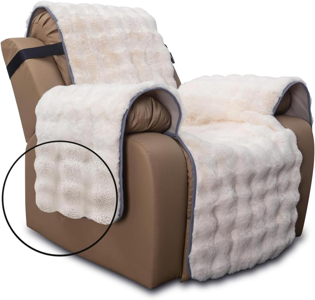 Plush and Fuzzy Shaggy Couch Cover, Faux Fur Sofa Cover, Water Resistant Slipcover, Non-Slip Furniture Protector for Kids,Dogs,Cats.(White-Bubble, Large Recliner)