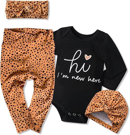 WIQI Baby Girl Clothes, Newborn Girl Letter Print Romper Tops +Cute Pants +Hat +Headband 4PCS Spring Summer Outfits Set Size 60
