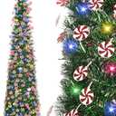 HMASYO 6 FT Pop Up Tinsel Christmas Tree with 100 Colored Timer Lights & Remote, Green Candy Collapsible Artificial Pencil Tree Xmas Decoration for Home, Office, Party, USB Powered, Easy Assembly