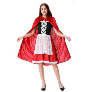 LMYOVE Adult Women Velvet Little Red Riding Hood Costume with Hood for Halloween Christmas parties (X-Large, Strap Flower Ball Lace)