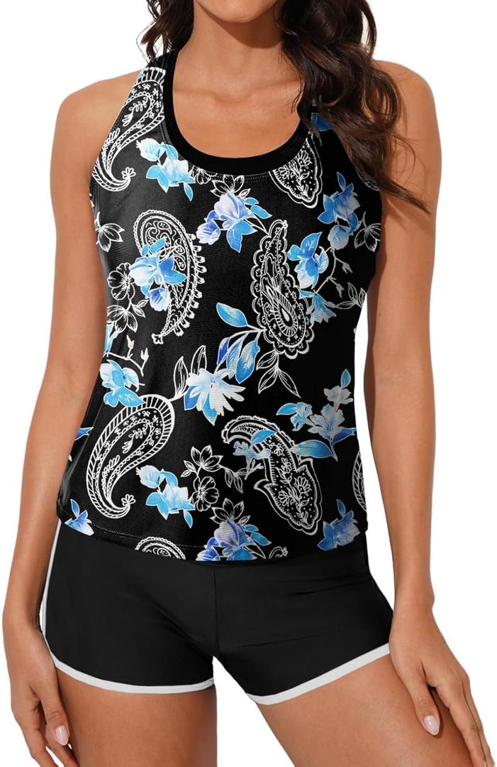Aleumdr Womens Athletic 3 Piece Tankini Swimsuits with Shorts Swim Tank Tops with Sports Bra and Boyshorts Bathing Suits (Medium, Black Floral)