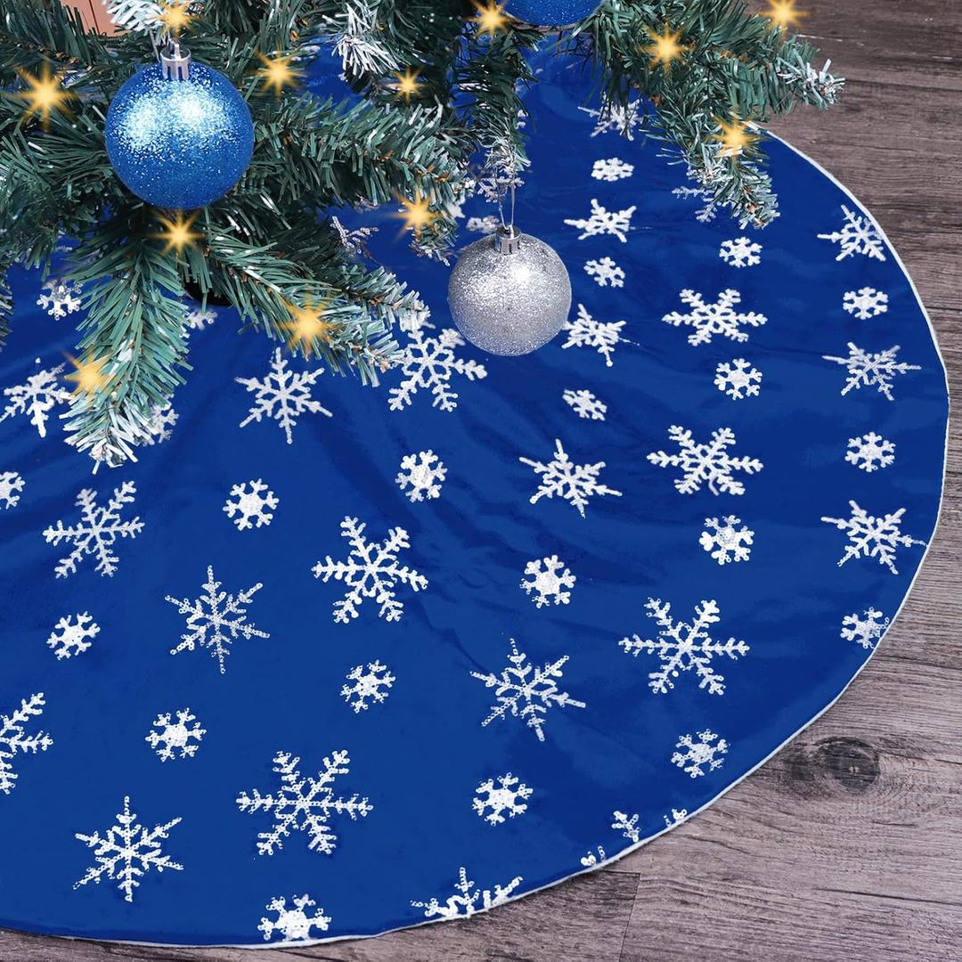 Bunny Chorus Christmas Tree Skirt, 36 inches Blue Mercerized Velvet Skirt with Silver Sequin Snowflake for Rustic Xmas Tree Holiday Decorations