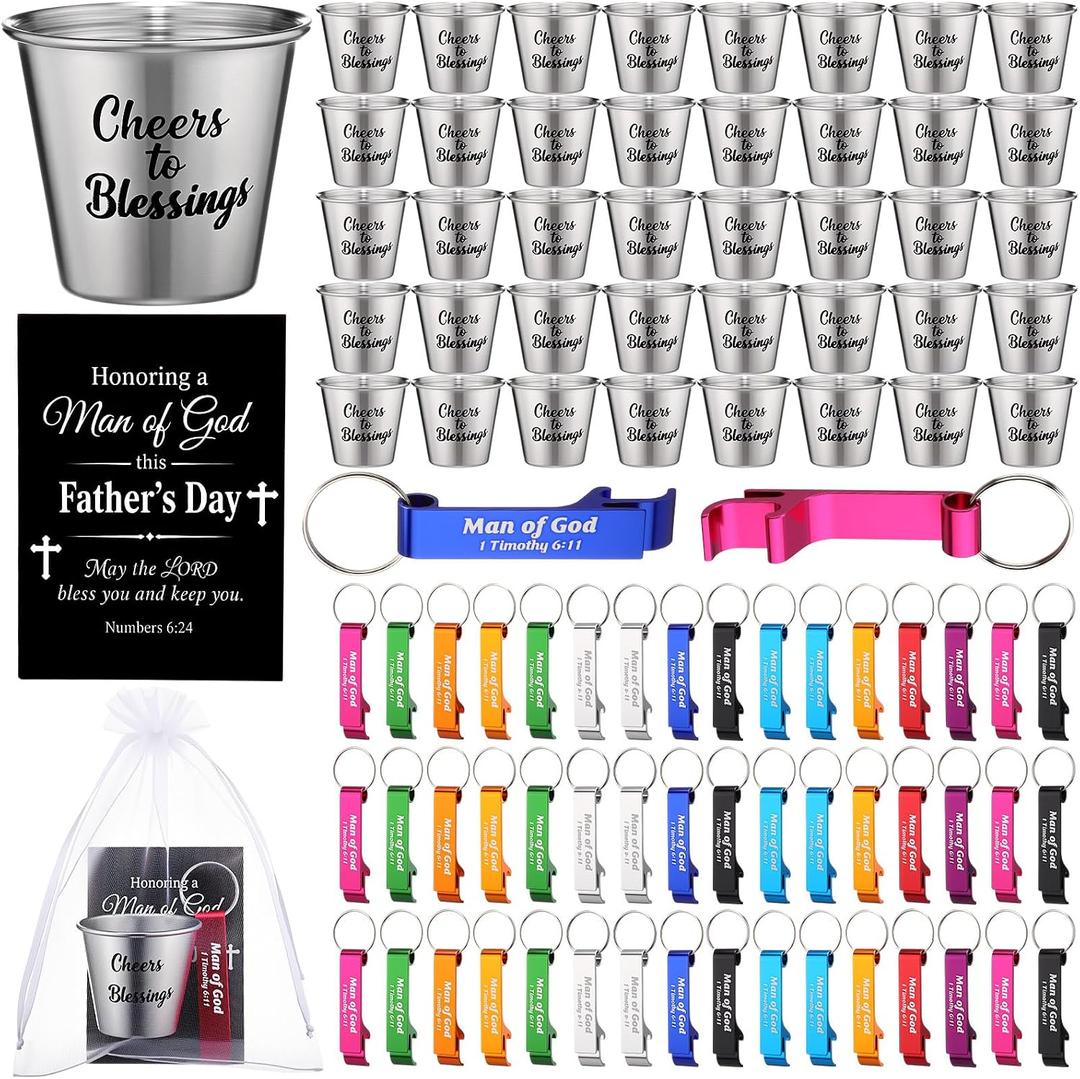 50 Pcs Bulk Father's Day Christian Gift Set 2 oz Stainless Steel Shot Glasses with Metal Bottle Opener Bible Verse Cards Men of God Religious Presents for Father Dad Church Party Favors
