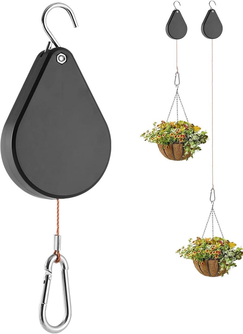 Upgraded Retractable Plant Hanger, Plant Pulleys for Hanging Plants, Easy to Raise and Lower, Auto Lock, Heavy Duty, Adjustable Hook for Flower Pots, Birds Feeder (1 Pack, Black)