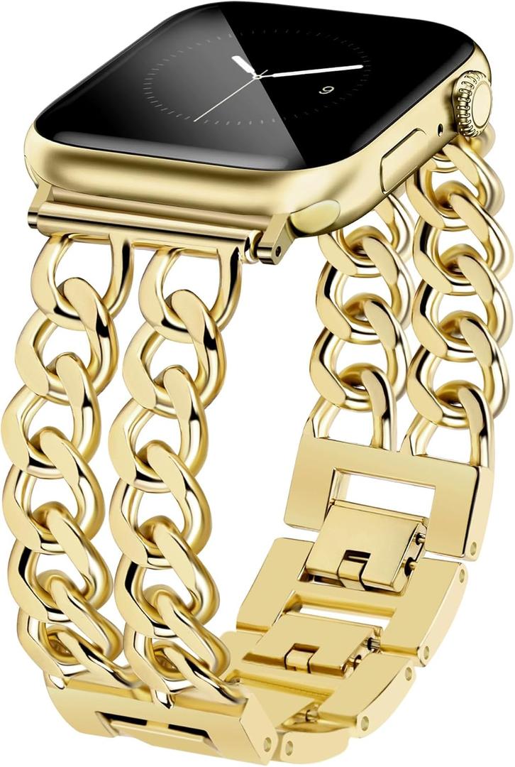 JR.DM Gold Watch Bands for Women Compatible with Apple Watch Band 42mm(S3/2/1) 44mm 45mm 46mm 49mm Adjustable Metal Bracelet for iWatch Series1/2/3/4/5/6/7/8/9/10/SE/Ultra 1 2 (No Case)