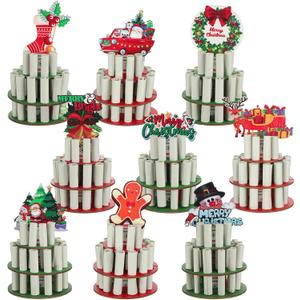 Dandat 9 Pcs Christmas Money Holder Wooden Multi Layer Cash Cake with 20 Holes Colorful Christmas Card Holder Ornament Stand Snowman Deer Gingerbread Man Decorative Cake Top Xmas Cash Gift Table Decor