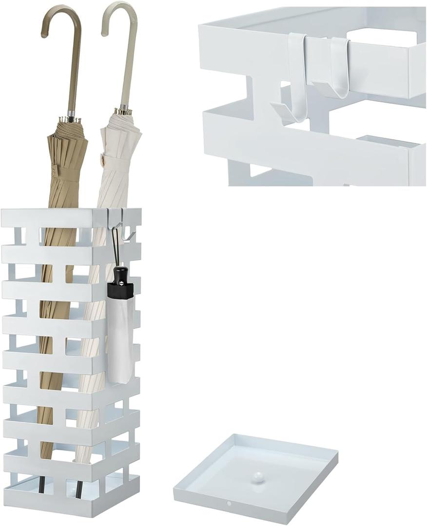 Tudomro Umbrella Stands for Entryway Large Metal Umbrella Holder 6.3 x 5.5 x 16.5 Inches with Removable Water Tray and Hooks Decor Freestanding Rectangular Storage Hollow Rack for Home Office (White)