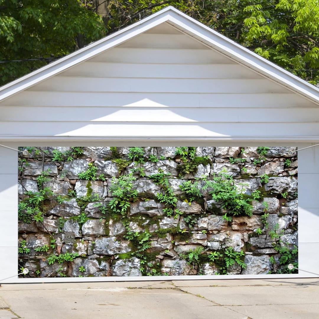 13 x 6 ft Stone Brick Wall Garage Door Backdrop, Vintage Textured Stone Rock Ancient Wall Overgrown Adventure Theme Garage Door Cover Decoration Indoor Outdoor Decor Banner Cover (N2245)
